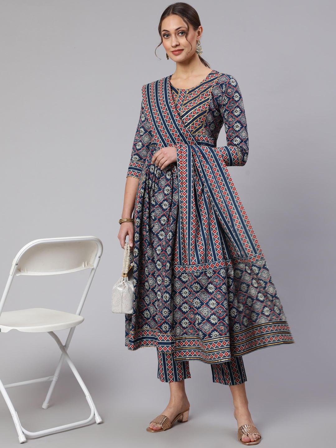 Cotton Printed Ankle Length Flared Round Neck Kurta, Pants With Dupatta Set