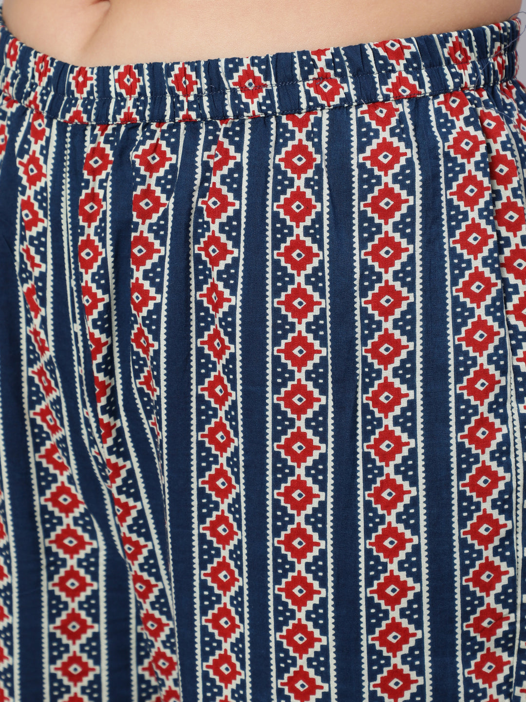 Cotton Printed Ankle Length Flared Round Neck Kurta, Pants With Dupatta Set