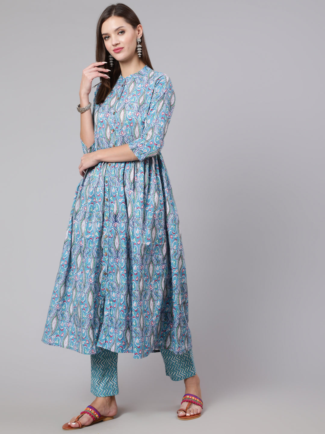 Cotton Printed Calf Length Flared 3/4 Sleeve Mandarin Neck Kurta, Pants With Dupatta Set