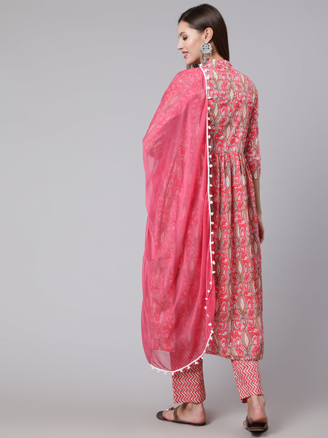 Cotton Printed Calf Length Flared 3/4 Sleeve Mandarin Neck Kurta, Pants With Dupatta Set