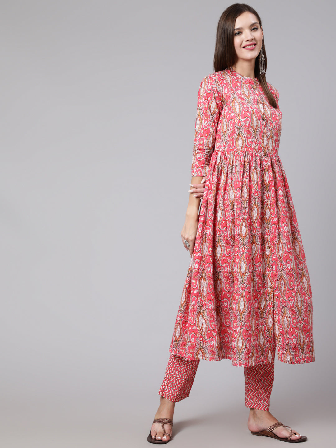 Cotton Printed Calf Length Flared 3/4 Sleeve Mandarin Neck Kurta, Pants With Dupatta Set