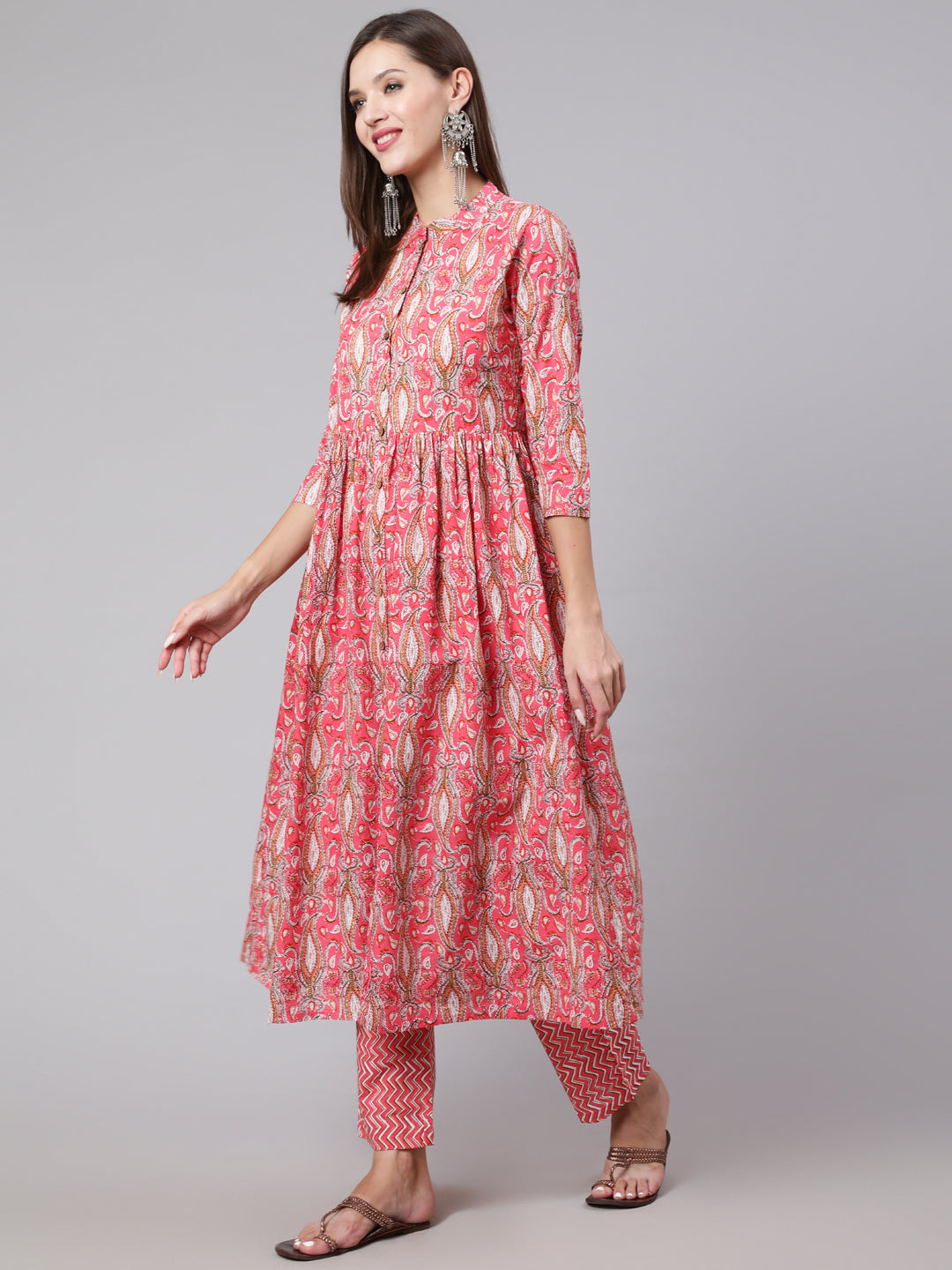 Cotton Printed Calf Length Flared 3/4 Sleeve Mandarin Neck Kurta, Pants With Dupatta Set