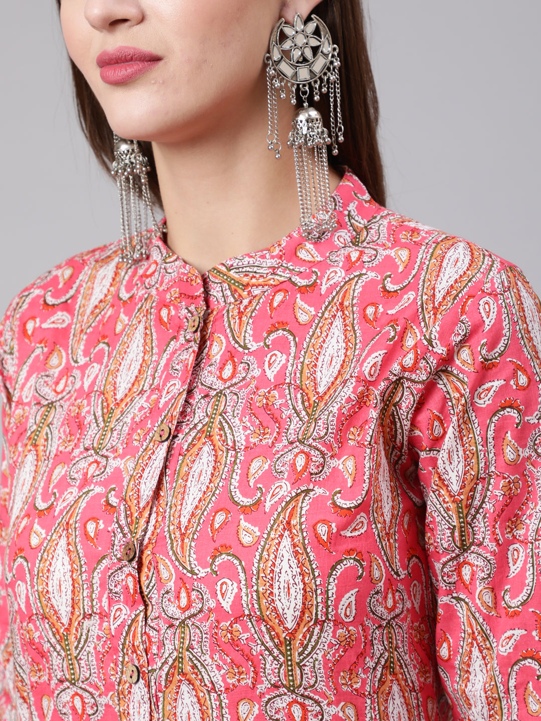 Cotton Printed Calf Length Flared 3/4 Sleeve Mandarin Neck Kurta, Pants With Dupatta Set