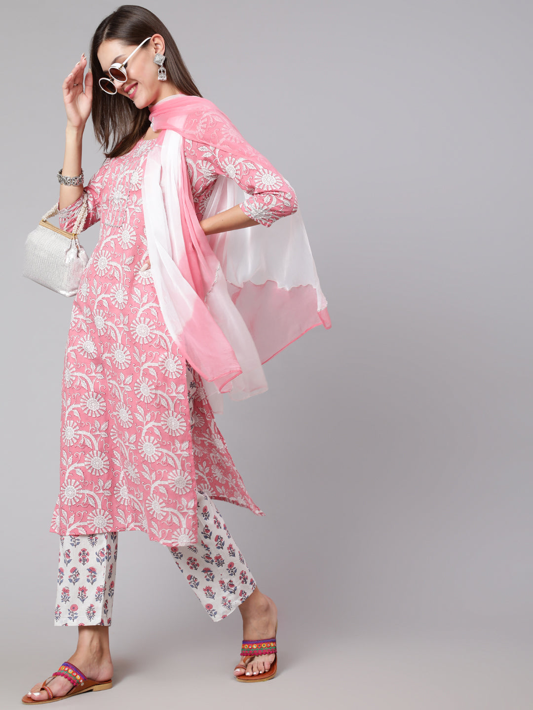 Cotton Calf Length Straight 3/4 Sleeve Round Neck Printed Kurta, Pants With Dupatta Set