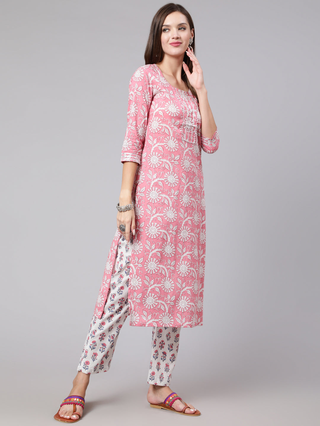 Cotton Calf Length Straight 3/4 Sleeve Round Neck Printed Kurta, Pants With Dupatta Set