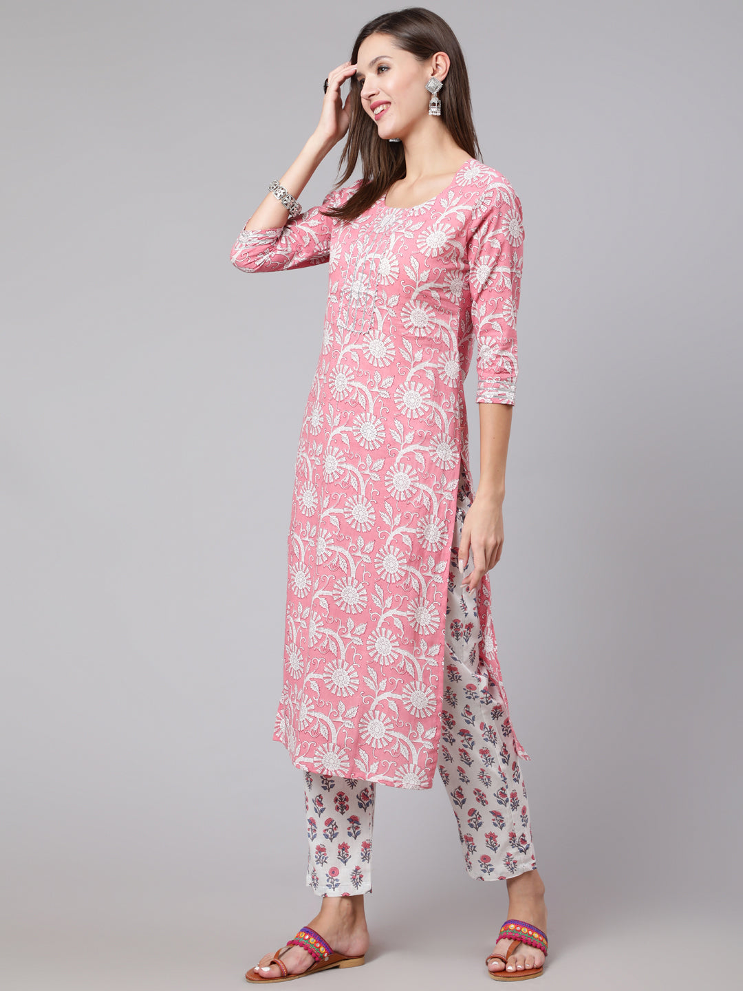 Cotton Calf Length Straight 3/4 Sleeve Round Neck Printed Kurta, Pants With Dupatta Set