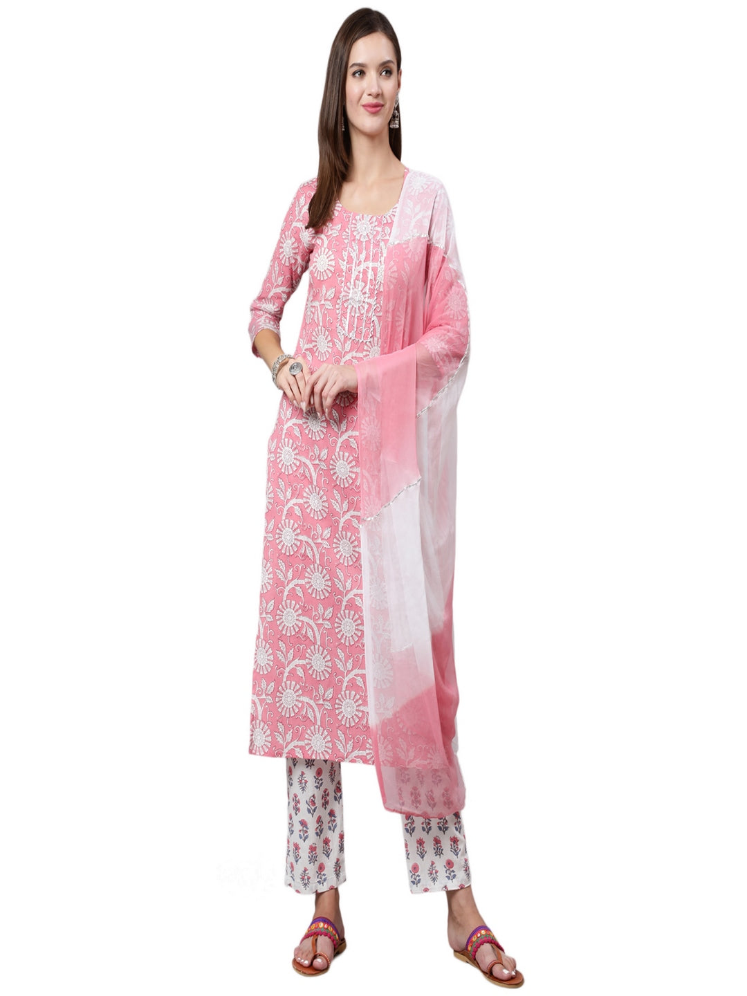 Cotton Calf Length Straight 3/4 Sleeve Round Neck Printed Kurta, Pants With Dupatta Set
