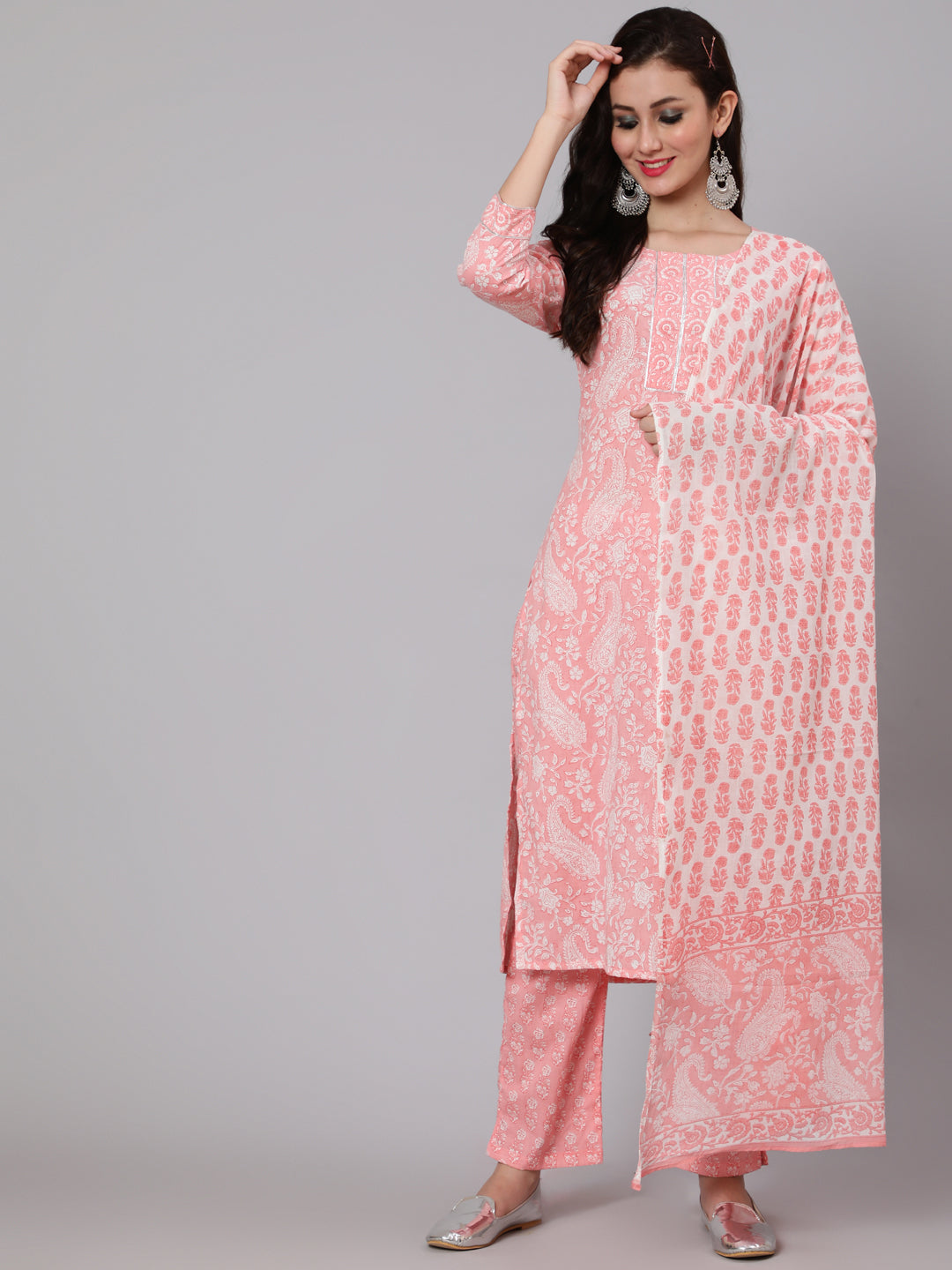 Printed Cotton Calf Length straight 3/4 Sleeve Round Neck Printed Kurta, Pants With Dupatta Set