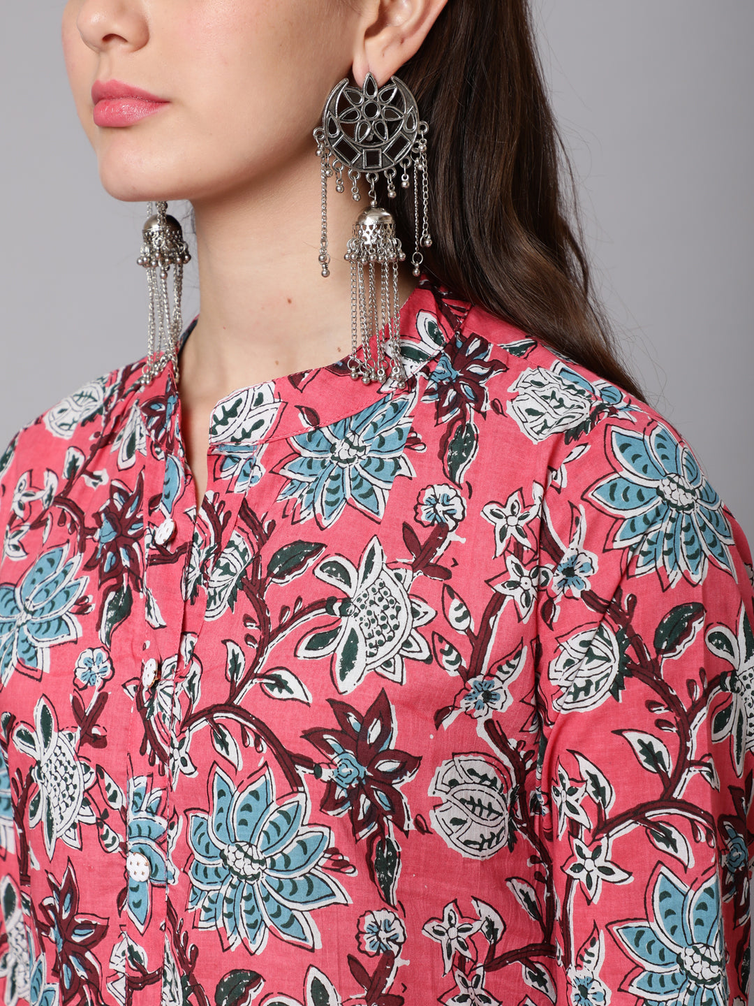 Printed Cotton Calf Length straight 3/4 Sleeve Round Neck Printed Kurta, Pants Set