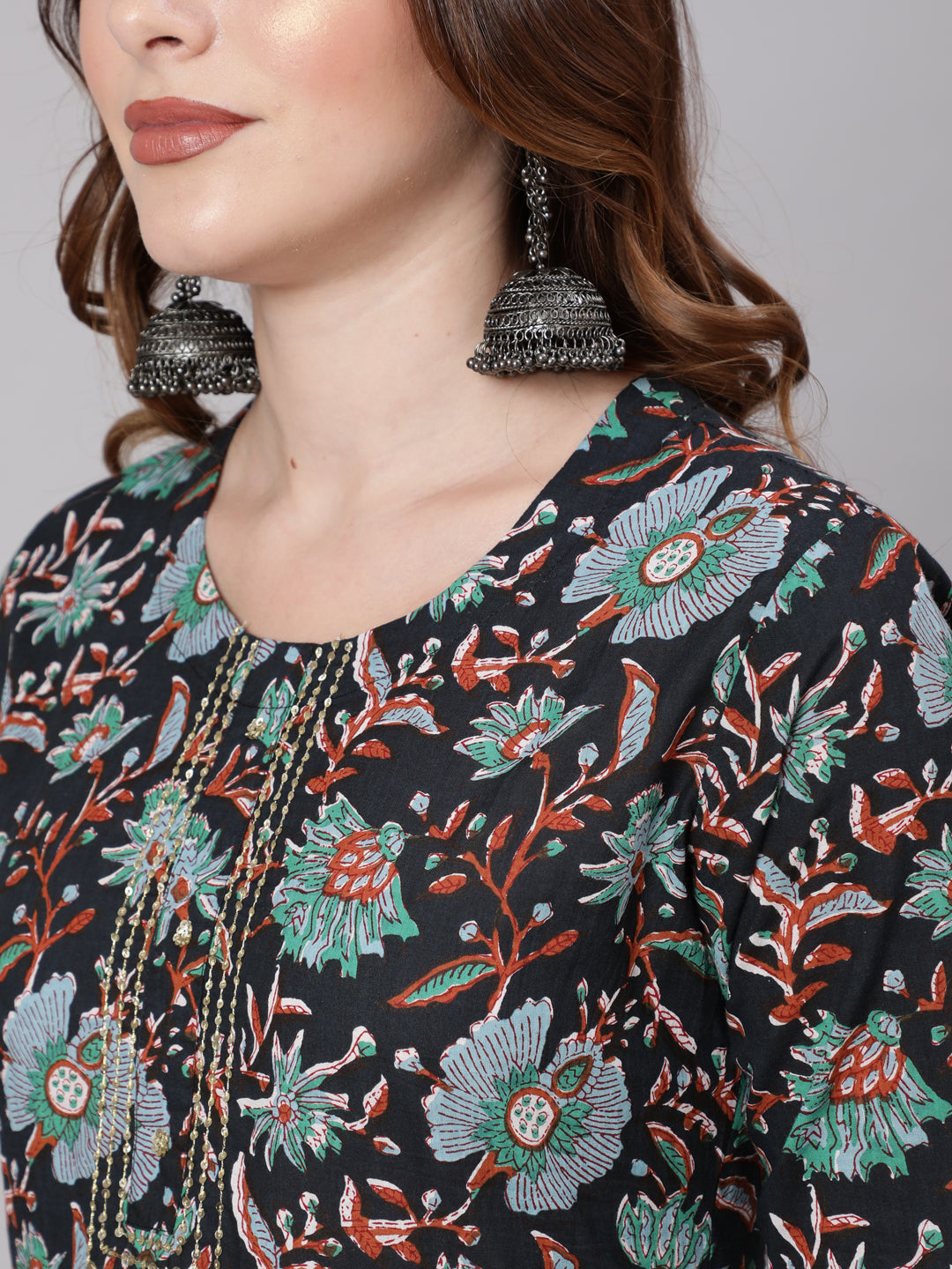 Cotton Calf Length Flared 3/4 Sleeve Round Neck Printed Kurta, Pants