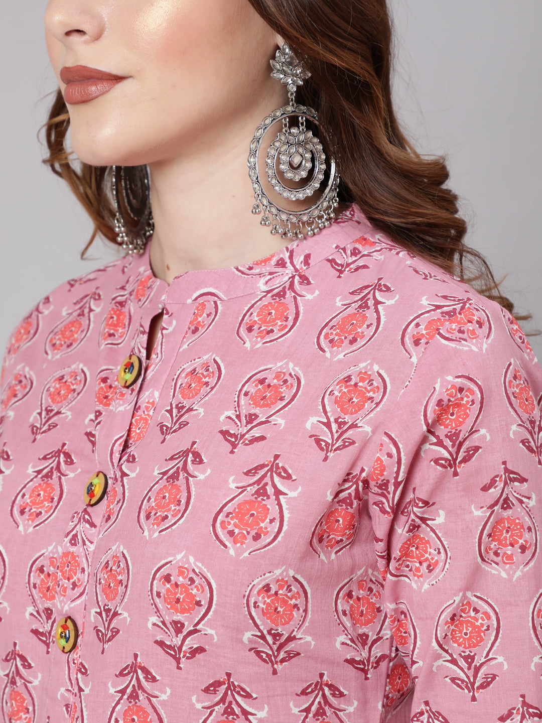 Cotton Calf Length Anarkali 3/4 Sleeve Mandarin Neck Printed Kurta, Pants