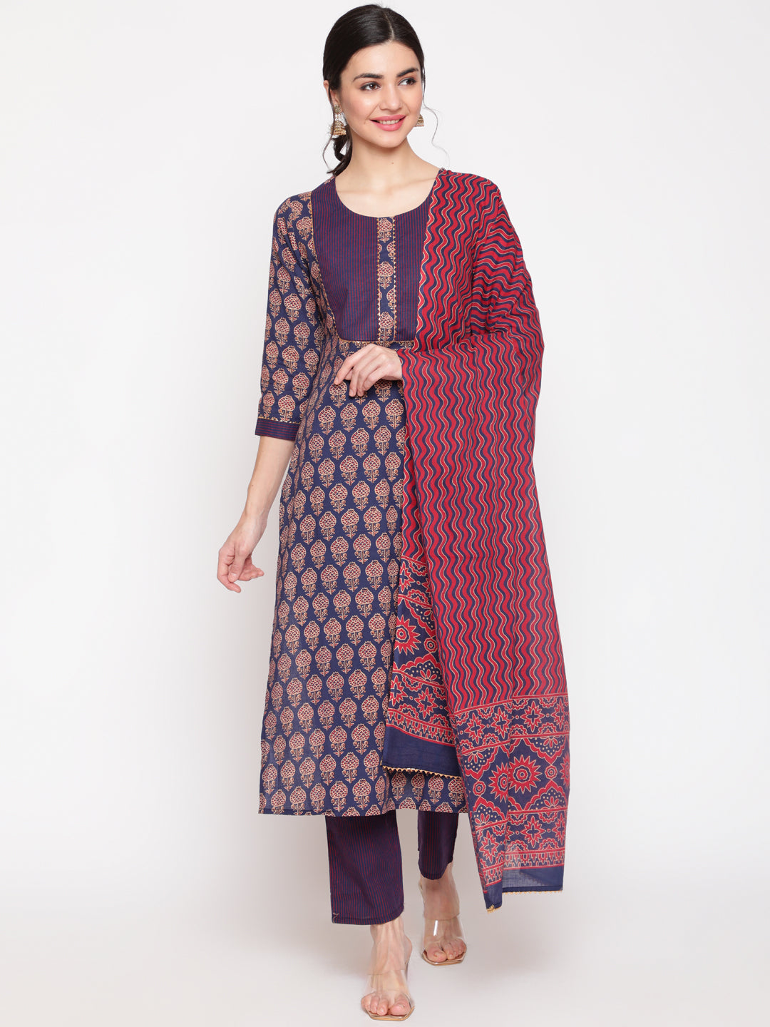 Cotton Blue Calf Length Straight 3/4 Sleeve Round Neck Printed Kurta, Pants & Cotton Dupatta