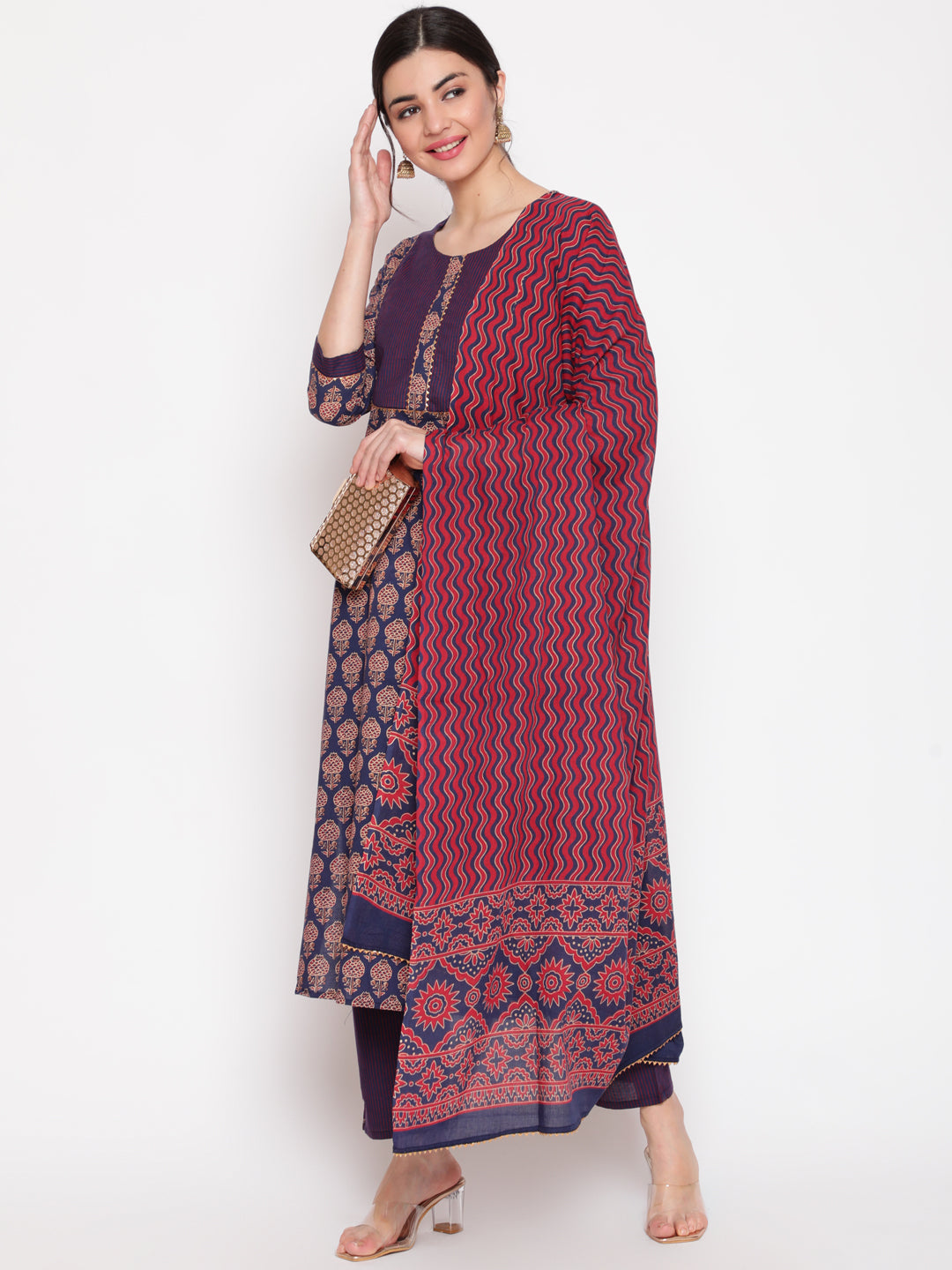 Cotton Blue Calf Length Straight 3/4 Sleeve Round Neck Printed Kurta, Pants & Cotton Dupatta
