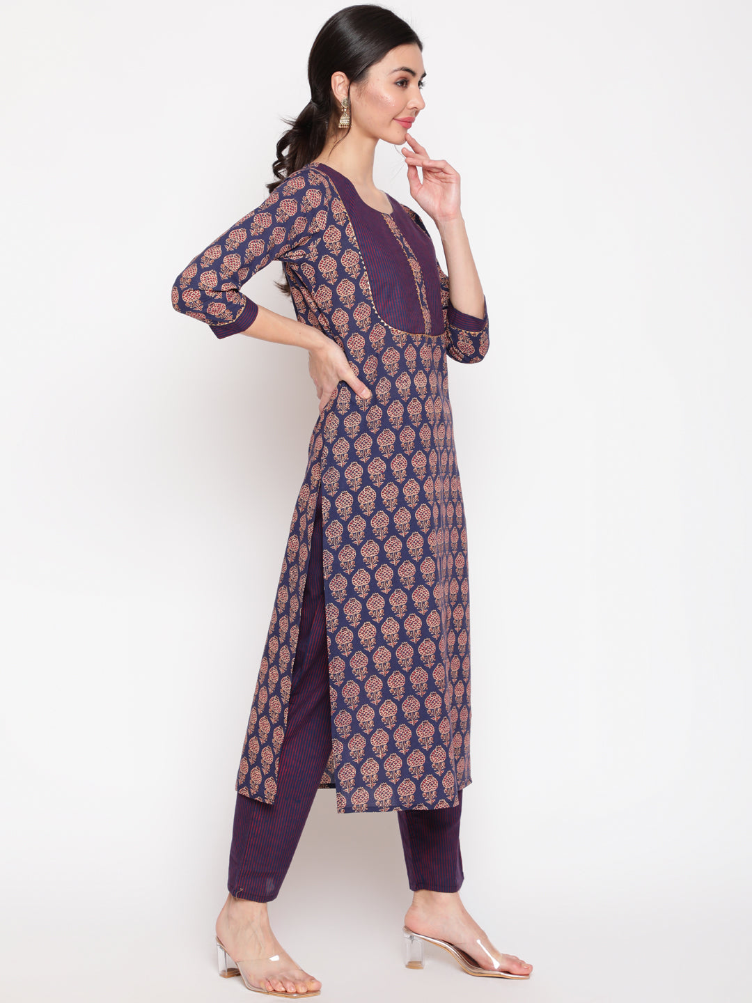 Cotton Blue Calf Length Straight 3/4 Sleeve Round Neck Printed Kurta, Pants & Cotton Dupatta