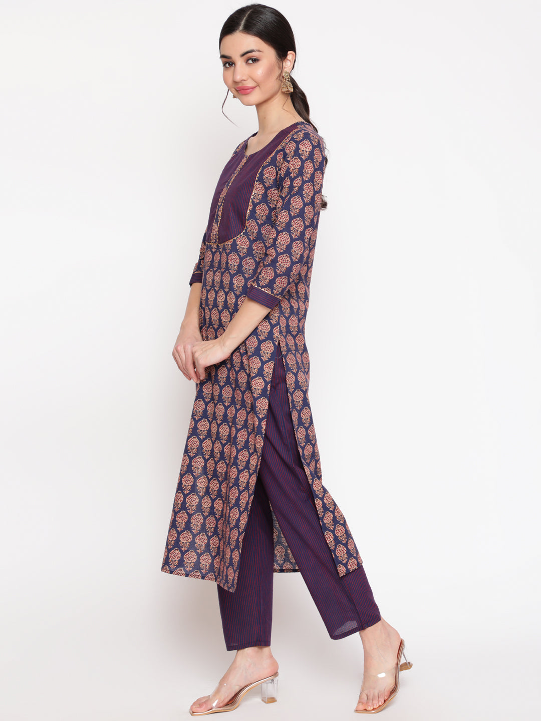 Cotton Blue Calf Length Straight 3/4 Sleeve Round Neck Printed Kurta, Pants & Cotton Dupatta