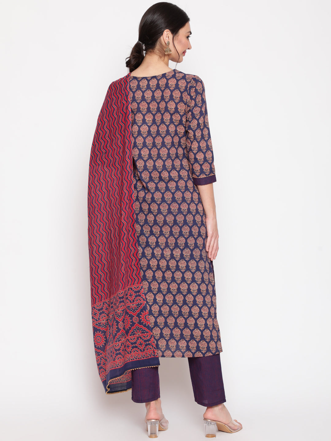 Cotton Blue Calf Length Straight 3/4 Sleeve Round Neck Printed Kurta, Pants & Cotton Dupatta