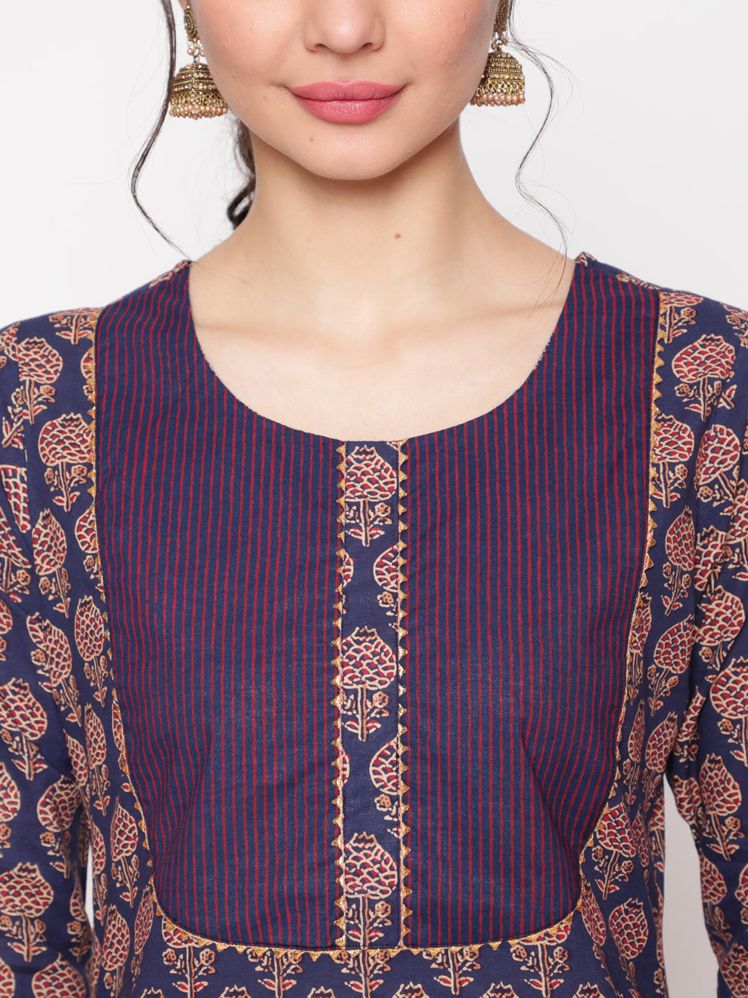 Cotton Blue Calf Length Straight 3/4 Sleeve Round Neck Printed Kurta, Pants & Cotton Dupatta