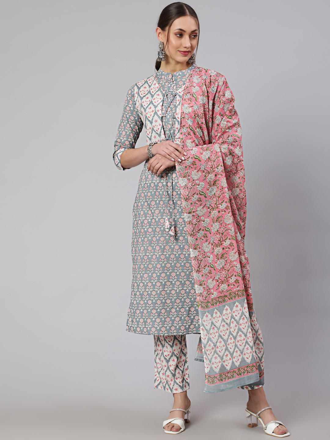 Cotton Printed Calf Length Straight Round Neck Kurta, Pants With Dupatta Set
