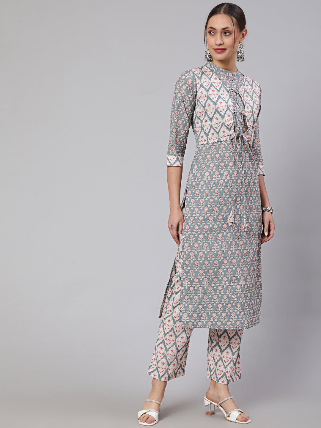 Cotton Printed Calf Length Straight Round Neck Kurta, Pants With Dupatta Set