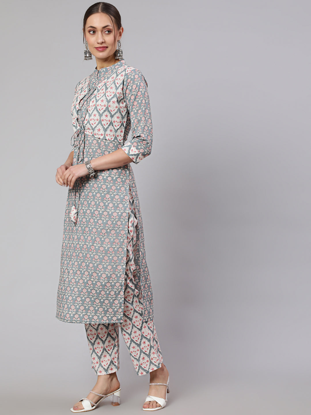 Cotton Printed Calf Length Straight Round Neck Kurta, Pants With Dupatta Set