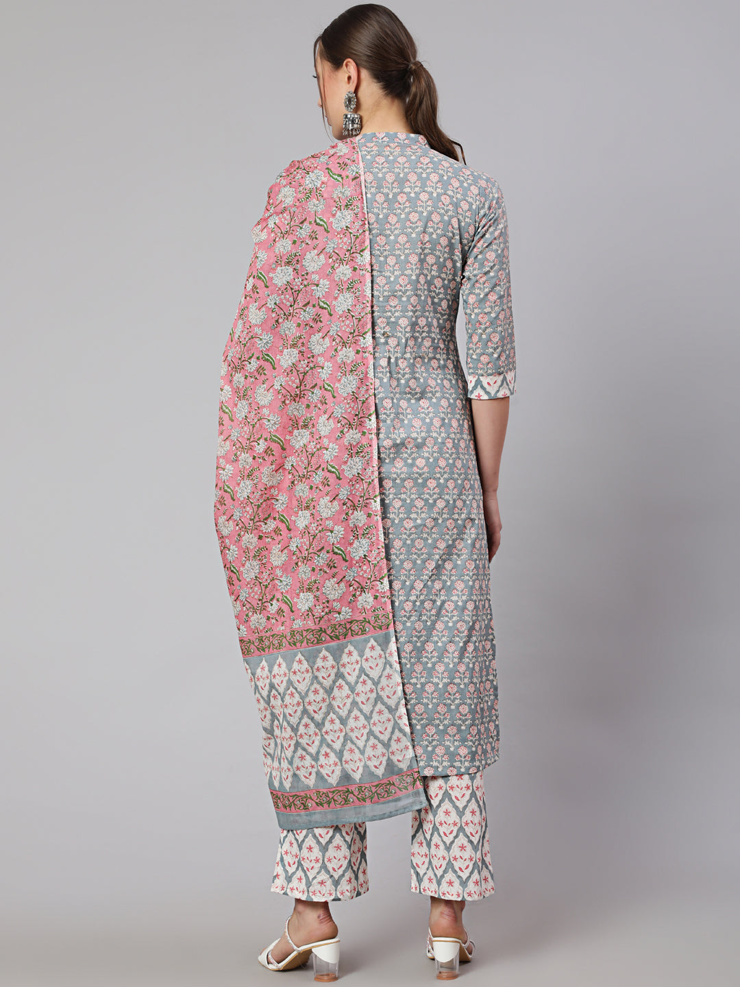 Cotton Printed Calf Length Straight Round Neck Kurta, Pants With Dupatta Set