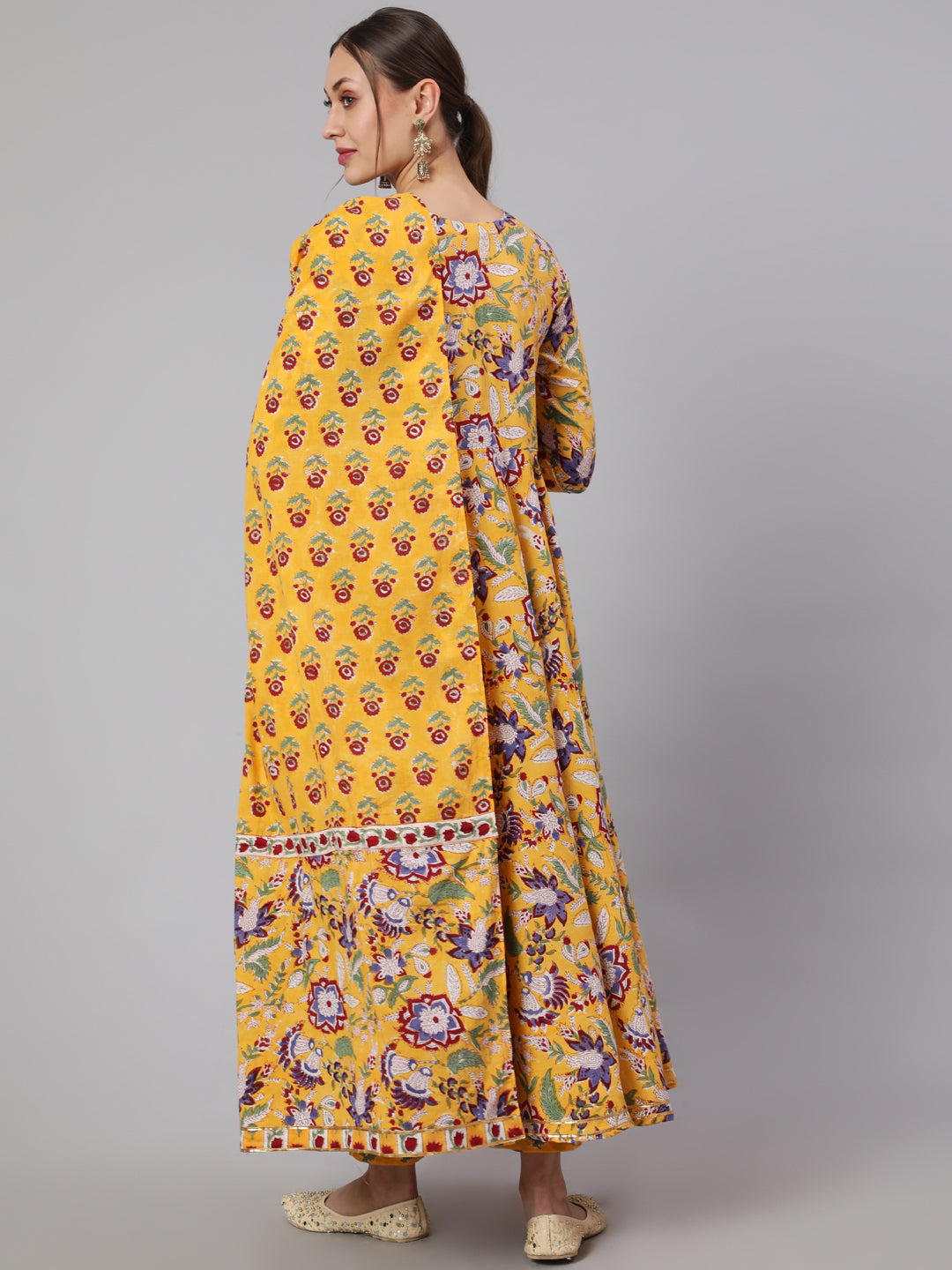 Cotton Printed Ankle Length Flared 3/4 Sleeve Round Neck Kurta, Pants With Dupatta Set