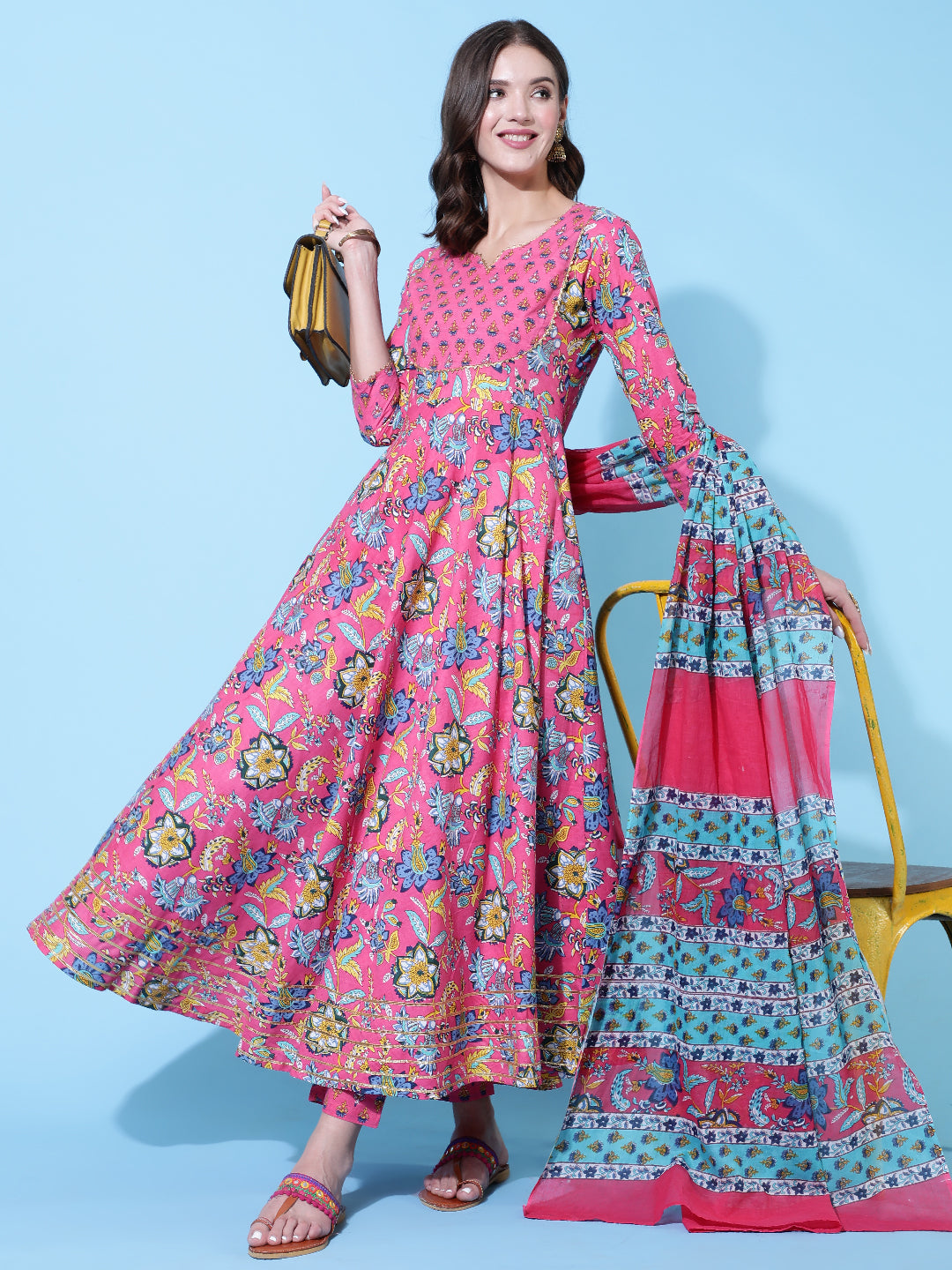 Rayon Printed Ankle Length Flared 3/4 Sleeve Round Neck Kurta, Pants With Dupatta Set