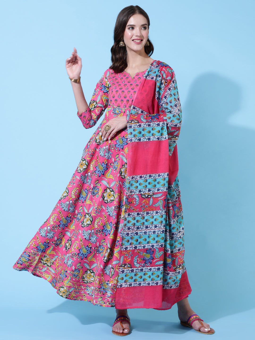 Rayon Printed Ankle Length Flared 3/4 Sleeve Round Neck Kurta, Pants With Dupatta Set