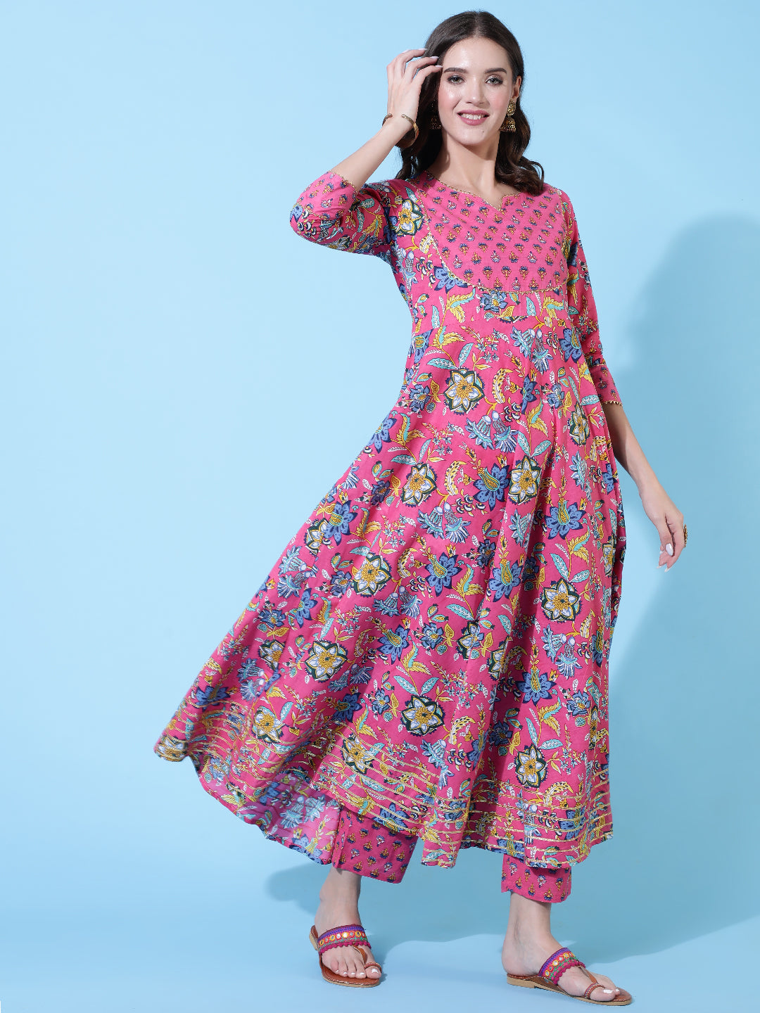 Rayon Printed Ankle Length Flared 3/4 Sleeve Round Neck Kurta, Pants With Dupatta Set