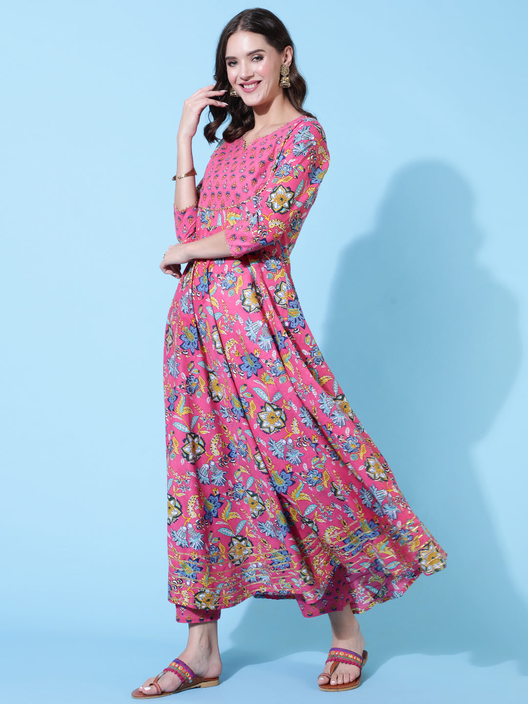 Rayon Printed Ankle Length Flared 3/4 Sleeve Round Neck Kurta, Pants With Dupatta Set