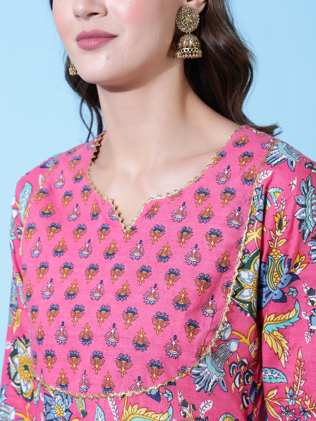 Rayon Printed Ankle Length Flared 3/4 Sleeve Round Neck Kurta, Pants With Dupatta Set