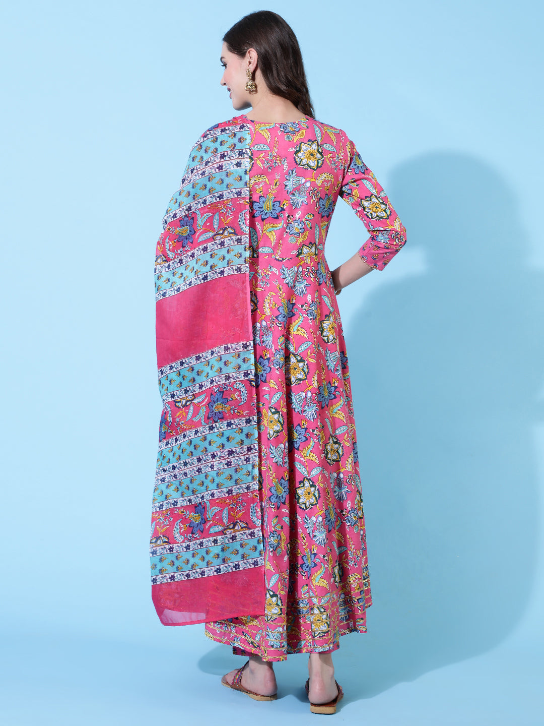 Rayon Printed Ankle Length Flared 3/4 Sleeve Round Neck Kurta, Pants With Dupatta Set