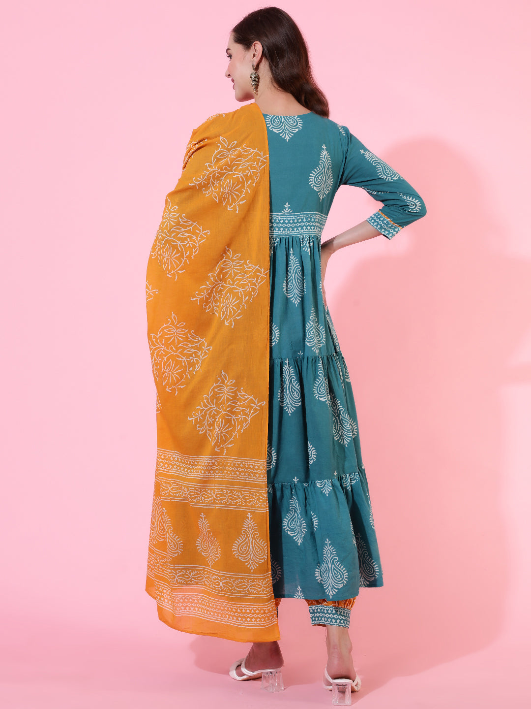 Cotton Printed Ankle Length Flared 3/4 Sleeve Round Neck Kurta, Pants With Dupatta Set