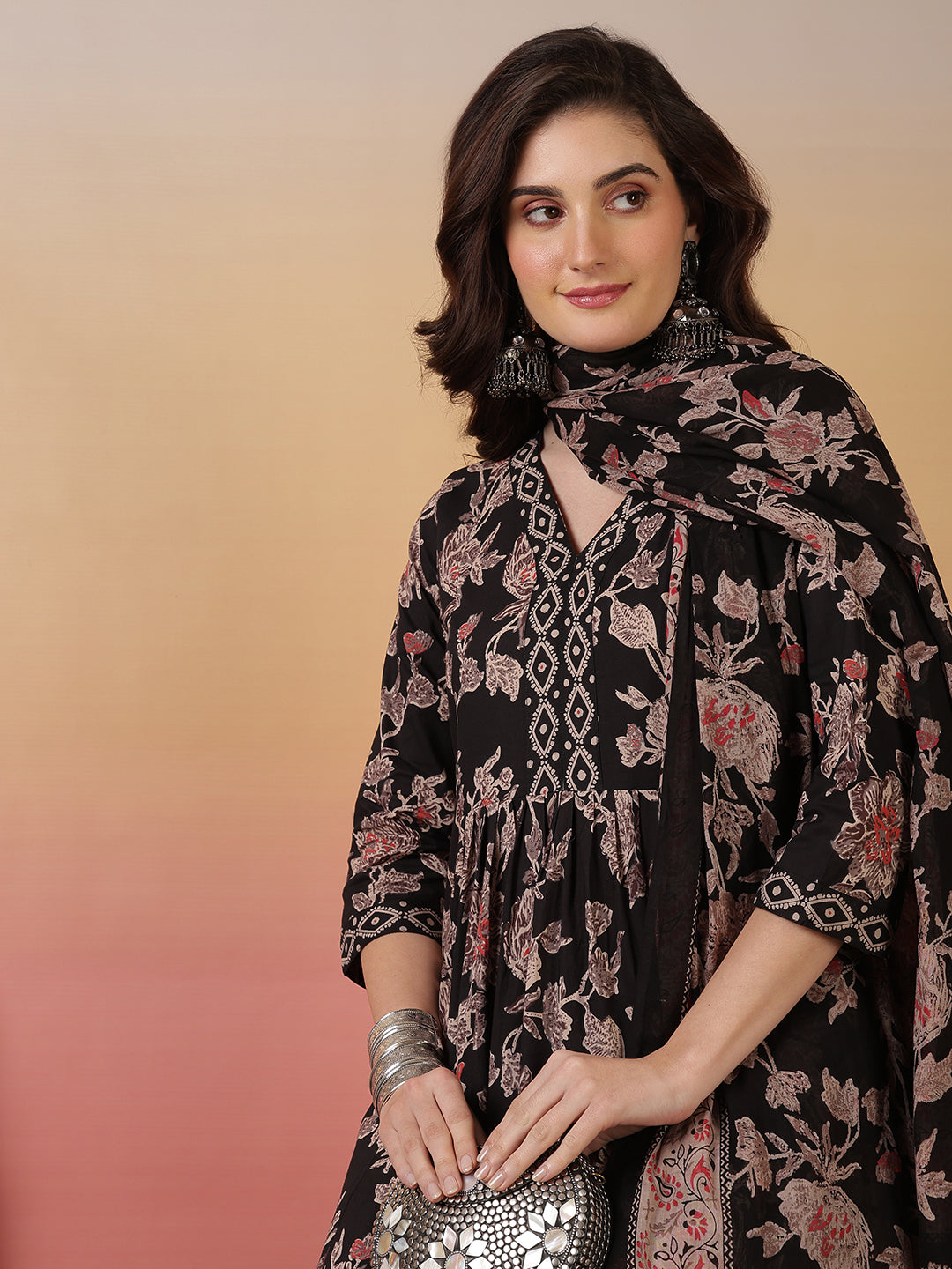 Women Cotton Printed Ankle Length V-Neck Flared Kurta, Palazzo With Dupatta Set