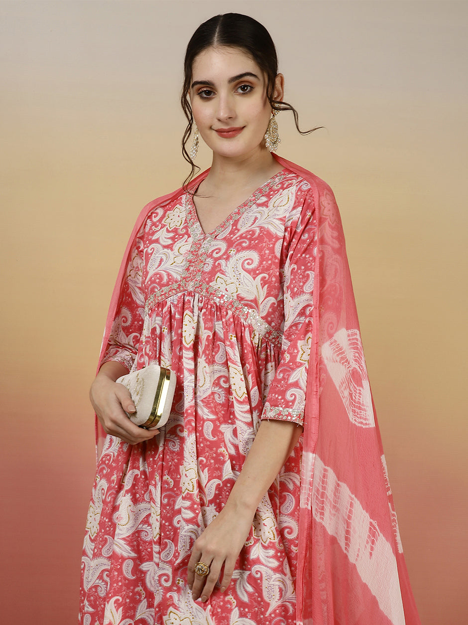 Women Embroidered Cotton Printed Ankle Length V-Neck Anarkali Kurta, Palazzo With Dupatta Set