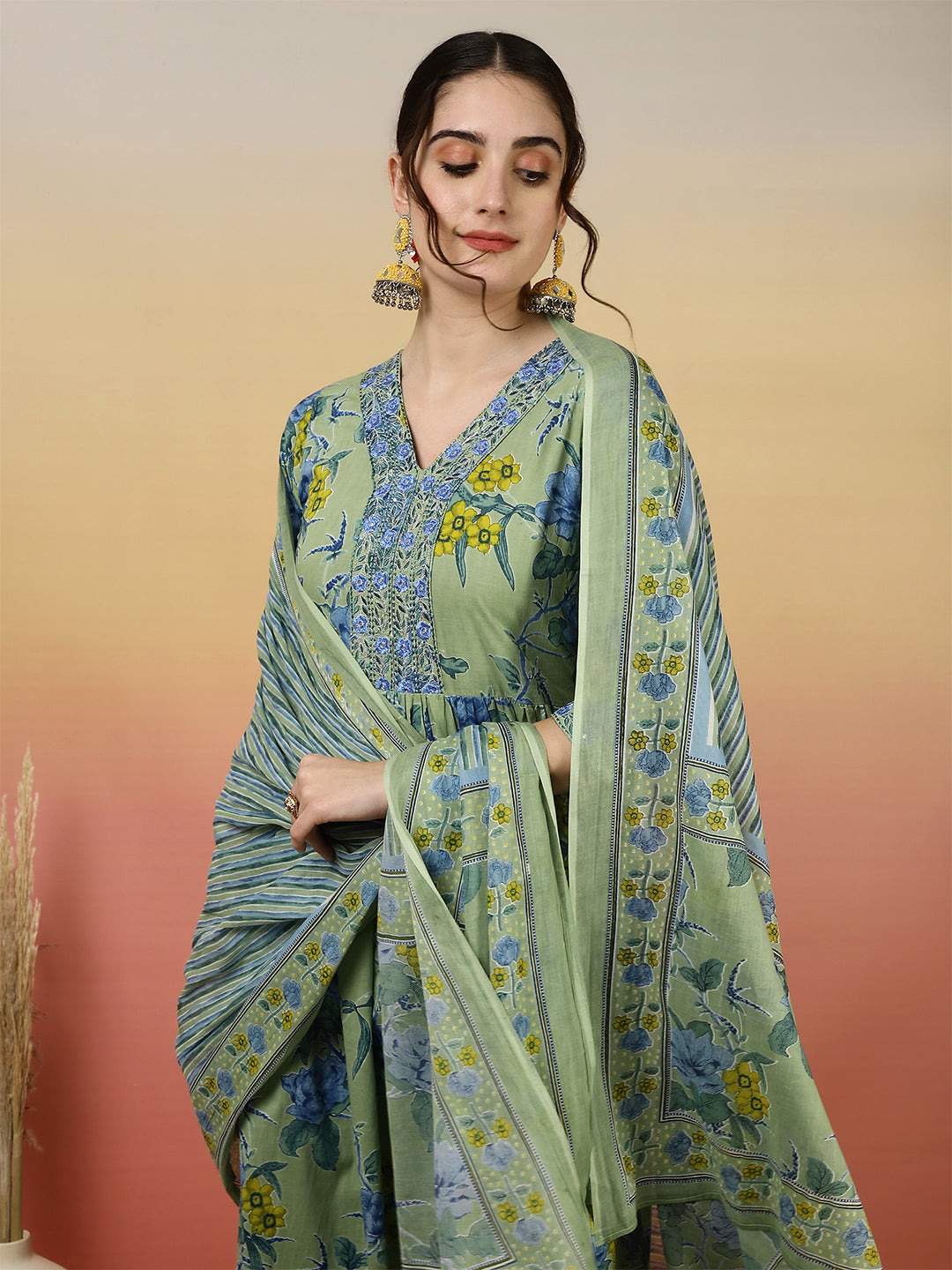 Women Embroidered Cotton Printed Ankle Length V-Neck Anarkali Kurta, Palazzo With Dupatta Set