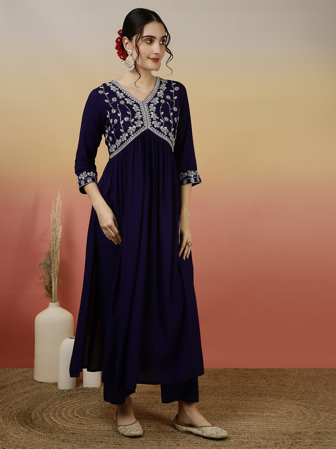 Women Embroidered Cotton Ankle Length V-Neck Anarkali Kurta, Palazzo With Dupatta Set