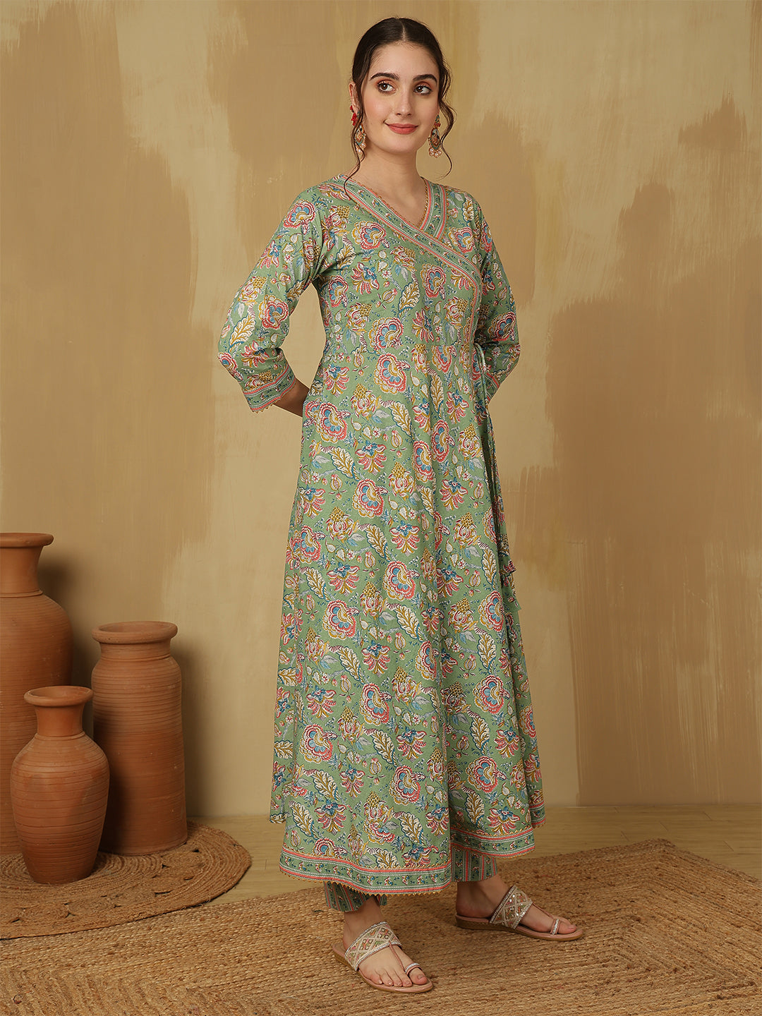 Women Cotton Printed Ankle Length V-Neck Anarkali Kurta, Palazzo With Dupatta Set