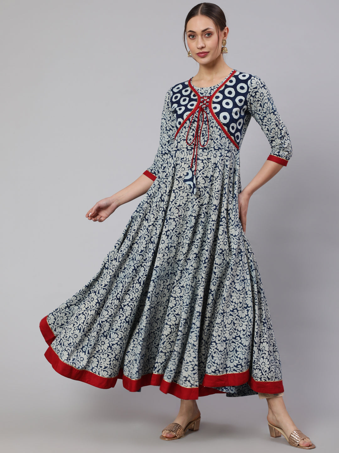 Cotton Printed Ankle Length Flared 3/4 Sleeve Round Neck Kurta
