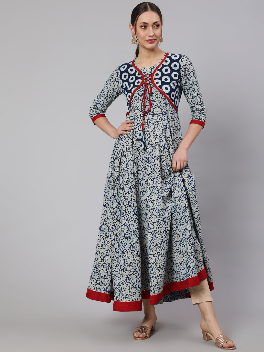 Cotton Printed Ankle Length Flared 3/4 Sleeve Round Neck Kurta