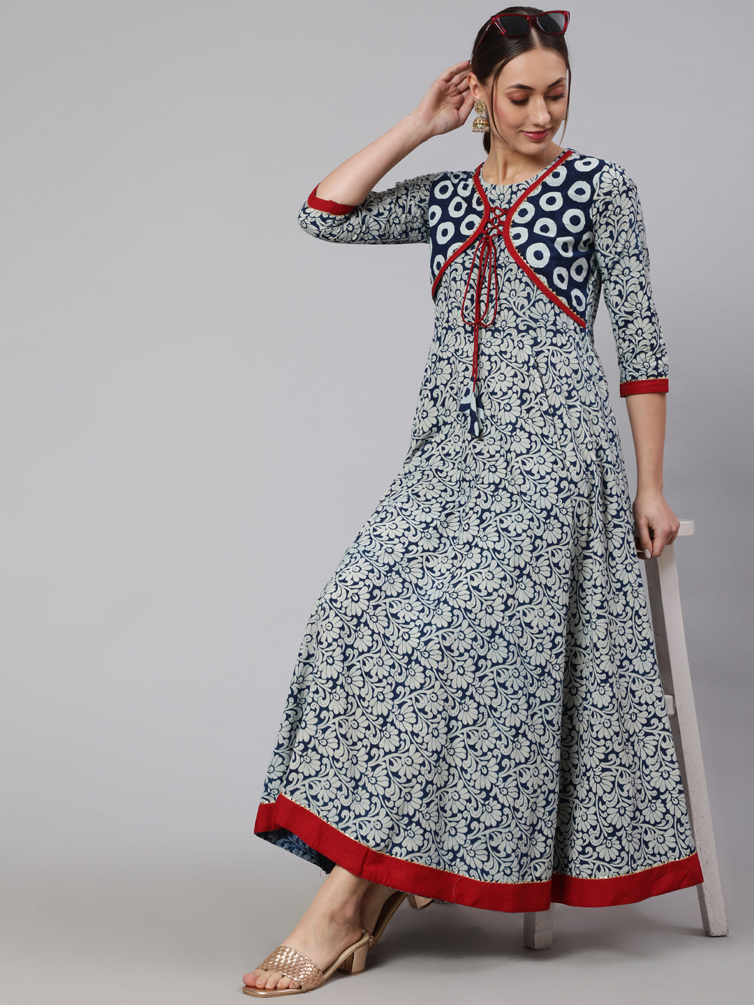 Cotton Printed Ankle Length Flared 3/4 Sleeve Round Neck Kurta