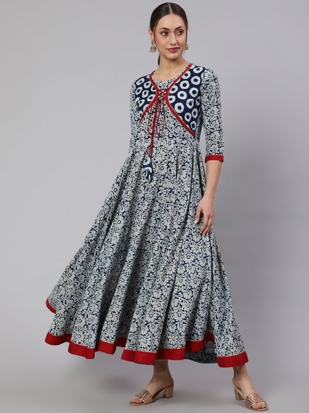 Cotton Printed Ankle Length Flared 3/4 Sleeve Round Neck Kurta