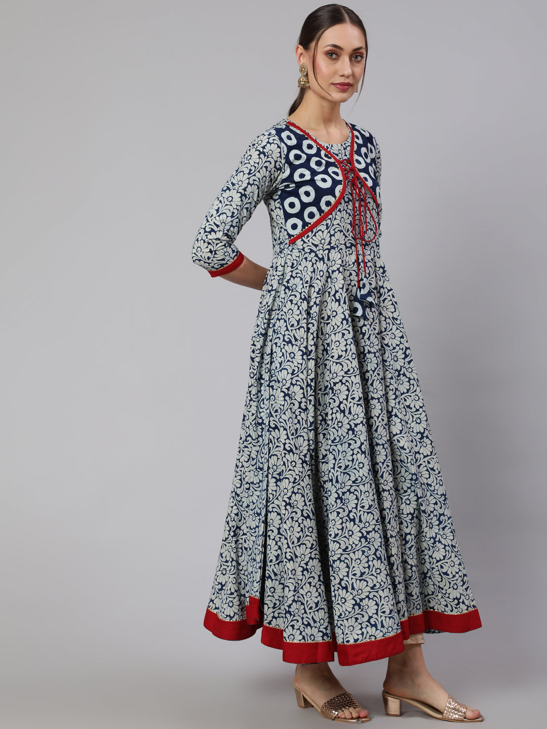 Cotton Printed Ankle Length Flared 3/4 Sleeve Round Neck Kurta