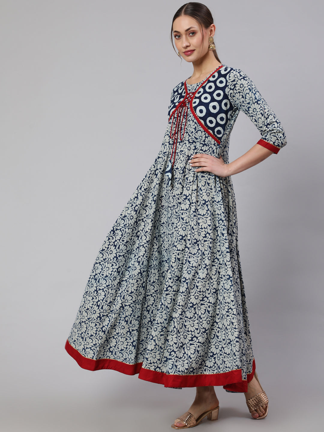 Cotton Printed Ankle Length Flared 3/4 Sleeve Round Neck Kurta