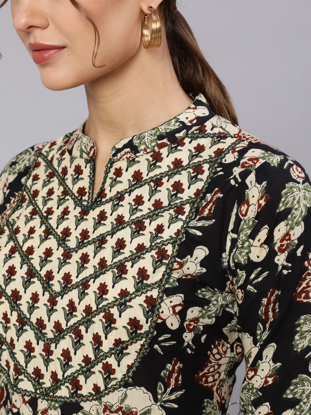 Cotton Printed Ankle Length Flared 3/4 Sleeve Mandarin Neck Kurta