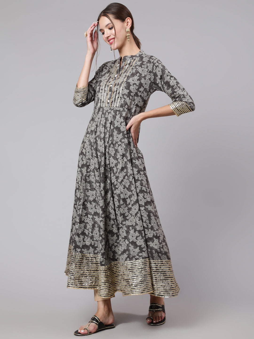 Cotton Printed Ankle Length Anarkali 3/4 Sleeve Mandarin Neck Kurta