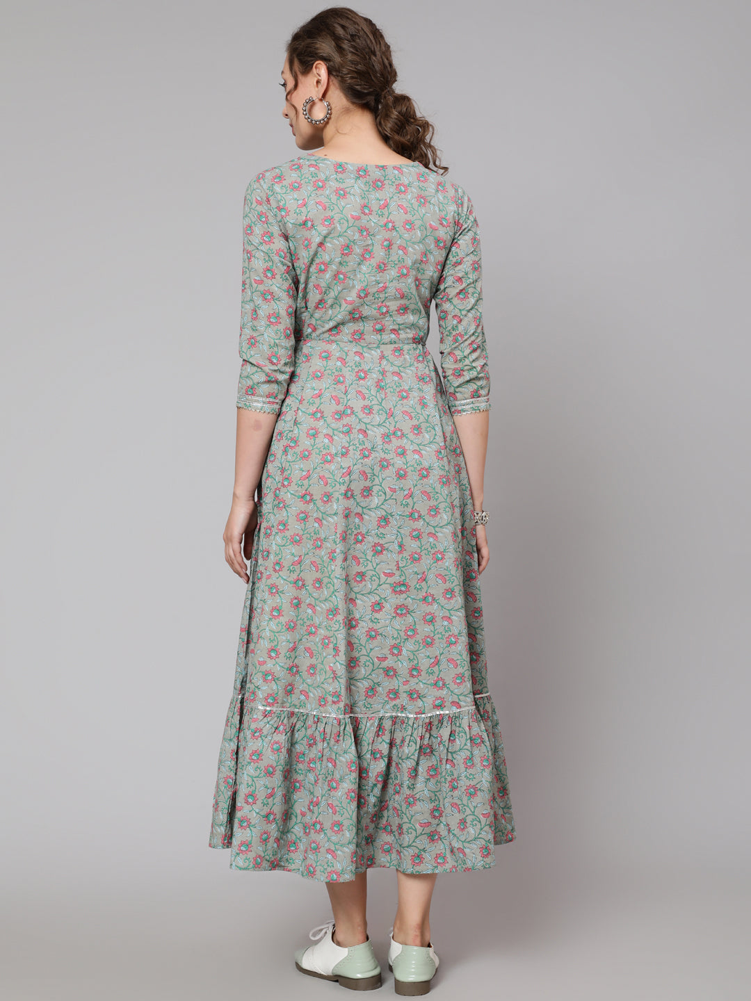 Cotton Printed Round Neck 3/4 Sleeve Flared Ankle Length Ethnic Kurta