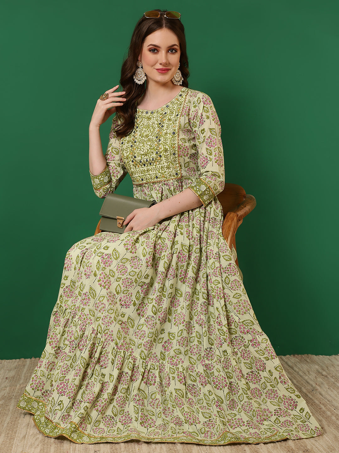 Cotton Printed Embroidered Ankle Length 3/4 Sleeve Round Neck Tiered Kurta