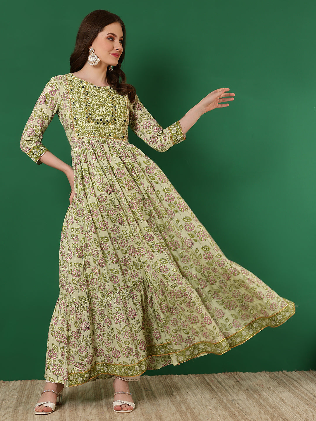 Cotton Printed Embroidered Ankle Length 3/4 Sleeve Round Neck Tiered Kurta