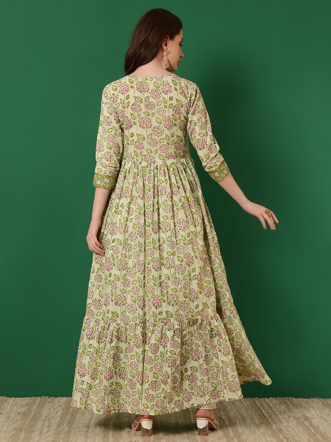 Cotton Printed Embroidered Ankle Length 3/4 Sleeve Round Neck Tiered Kurta